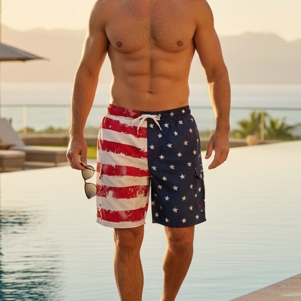 Beverly Hills Polo Club Mens American Flag-Themed Swim Trunks Board Shorts Large